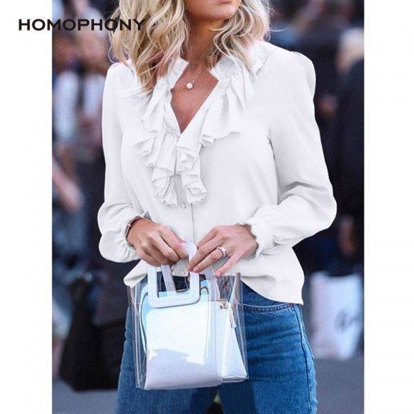 Women Blouse Elegant Fashion Ruffles Blouse Shirt Solid V Neck Vintage Women Tops Long Sleeve Spring And Summer Office Lady Top Blouses & Shirts WOMEN'S FASHION