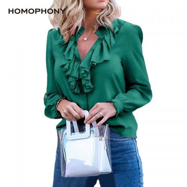 Women Blouse Elegant Fashion Ruffles Blouse Shirt Solid V Neck Vintage Women Tops Long Sleeve Spring And Summer Office Lady Top Blouses & Shirts WOMEN'S FASHION