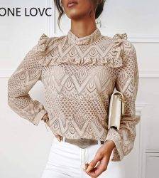 Women Solid Lace Frill Hem Hollow Out Long Sleeve Top Women Tops and Blouses Blouses & Shirts WOMEN'S FASHION