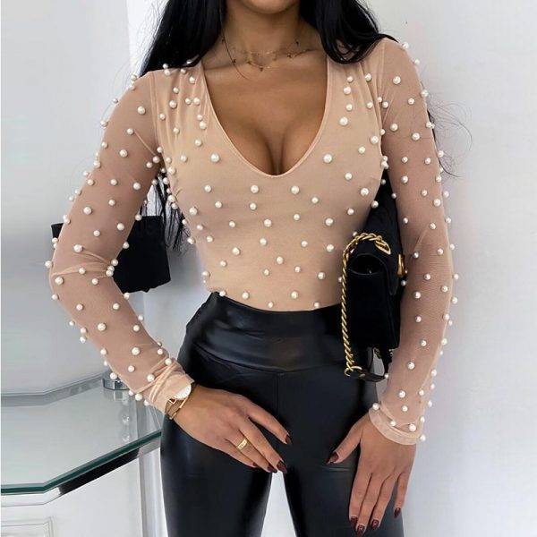 2020 Fashion Sexy Beading Mesh See Through Low Cut Skinny Long Sleeve Women Blouse Sexy Tops and Shirt Long Sleeve Women Shirt Blouses & Shirts WOMEN'S FASHION