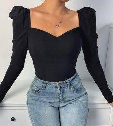 Elegant Square Collar Women Autumn Shirts Solid Color Puff Sleeve Slim Blouses Tops Sexy V-neck Long Sleeve Shirt Blouses & Shirts WOMEN'S FASHION