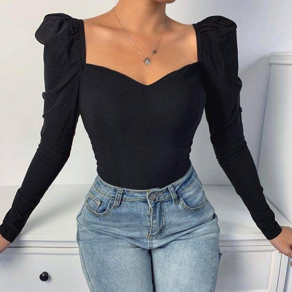Elegant Square Collar Women Autumn Shirts Solid Color Puff Sleeve Slim Blouses Tops Sexy V-neck Long Sleeve Shirt Blouses & Shirts WOMEN'S FASHION