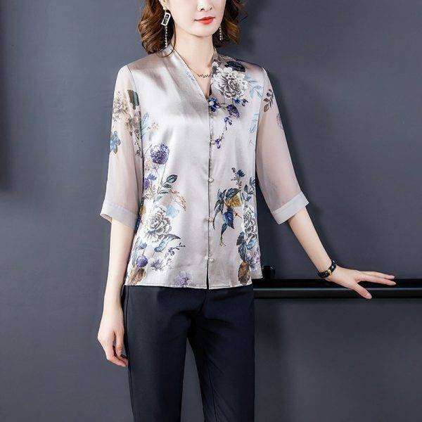 Korean Silk Women Blouses Shirt Women Satin Shirt Elegant Woman Print Blouse Shirt Woman V Ncek Silk Mesh Shirt Tops Plus Size Blouses & Shirts WOMEN'S FASHION