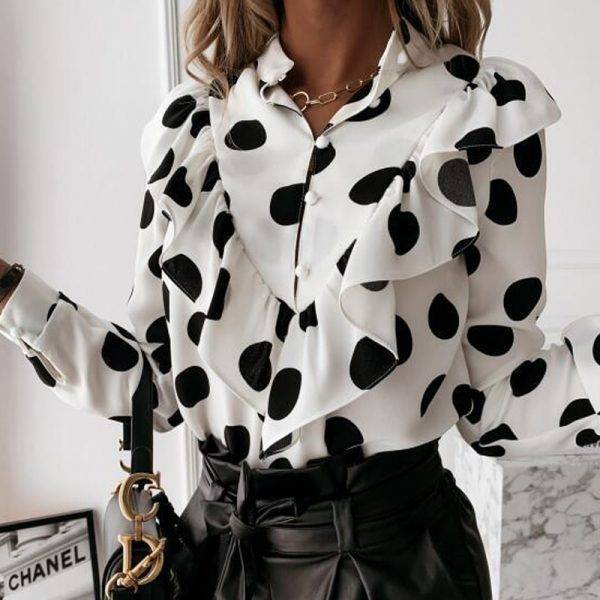 Elegant Polka Dot Ruffle blouse shirts Women Autumn Long Sleeve V-Neck Pullover Tops Office Lady Casual Button Plus Size blusa Blouses & Shirts WOMEN'S FASHION