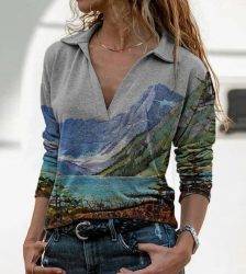 Elegant Pattern Landscape Print Blouse Shirt Women New Autumn Turn-down Collar Top Pullover Vintage Long Sleeve Streetwear Blusa Blouses & Shirts WOMEN'S FASHION
