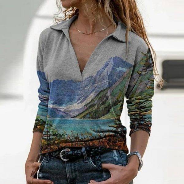 Elegant Pattern Landscape Print Blouse Shirt Women New Autumn Turn-down Collar Top Pullover Vintage Long Sleeve Streetwear Blusa Blouses & Shirts WOMEN'S FASHION