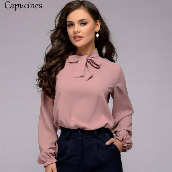 Capucines Elegant Bow Tie Women Shirt Spring Autumn Ladies Solid Long Sleeve Chiffon Shirts Casual Blouses Vintage Tops Blusas Blouses & Shirts WOMEN'S FASHION