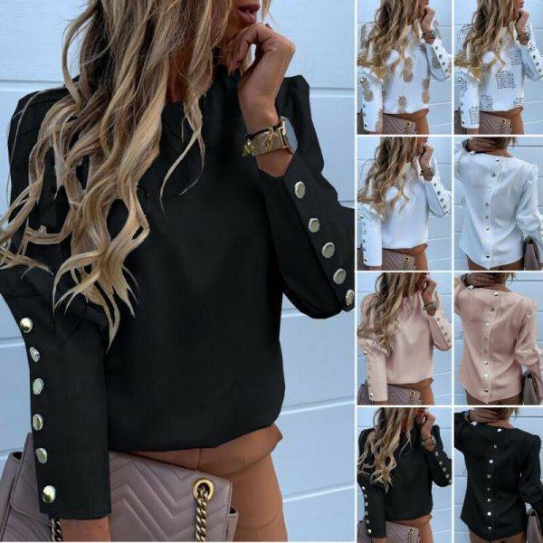 2020 Work Wear Women Blouses Long Sleeve Back Metal Buttons Shirt Casual O Neck Printed Plus Size Tops Fall Blouse Drop Shipping Blouses & Shirts WOMEN'S FASHION