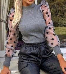 Turtleneck Knitted Polka Dot Puff Long Sleeve Blouse Women Mesh Sheer See-through Shirt Elegant Ladies Slim Tops Blusa Femme Blouses & Shirts WOMEN'S FASHION
