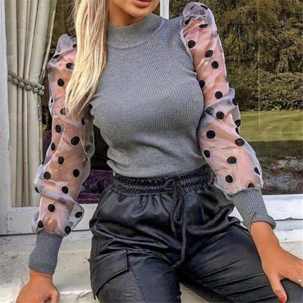 Turtleneck Knitted Polka Dot Puff Long Sleeve Blouse Women Mesh Sheer See-through Shirt Elegant Ladies Slim Tops Blusa Femme Blouses & Shirts WOMEN'S FASHION