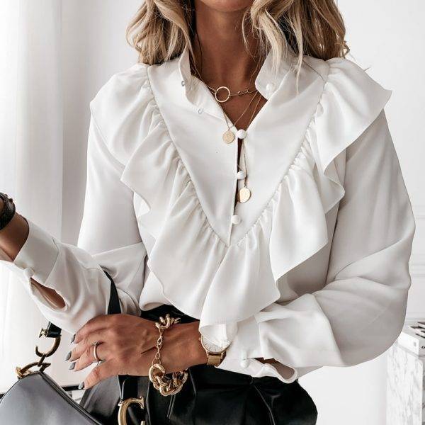 Casual Leopard Dot Print Ruffle Blouse Shirt Autumn Winter Long Sleeve Women Shirts Elegant Office Lady V-Neck Button Tops Blusa Blouses & Shirts WOMEN'S FASHION