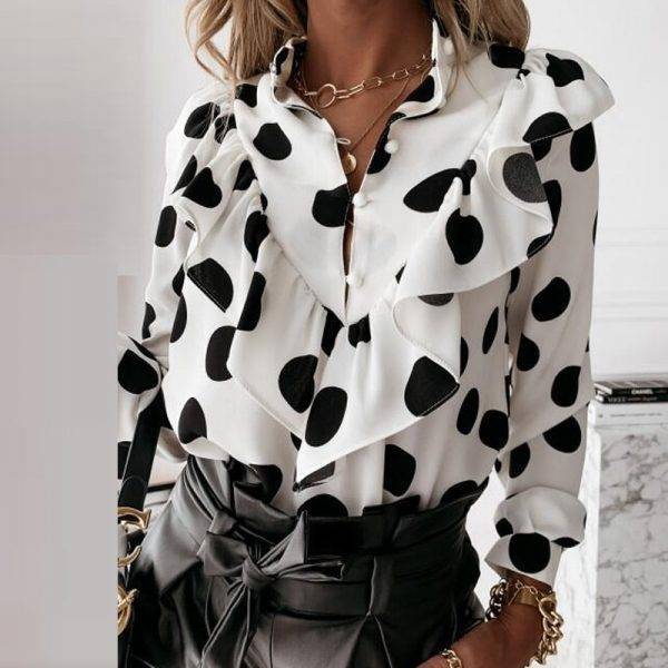 Casual Leopard Dot Print Ruffle Blouse Shirt Autumn Winter Long Sleeve Women Shirts Elegant Office Lady V-Neck Button Tops Blusa Blouses & Shirts WOMEN'S FASHION