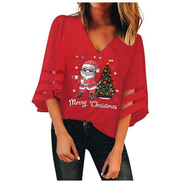 Blouse Women Shirt Women Tops блузка женская Christmas New Black Red V-Neck Mesh Top Trumpet Sleeves Loose Blouse Free Ship Z4 Blouses & Shirts WOMEN'S FASHION