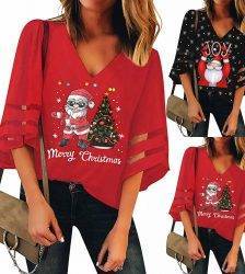 Blouse Women Shirt Women Tops блузка женская Christmas New Black Red V-Neck Mesh Top Trumpet Sleeves Loose Blouse Free Ship Z4 Blouses & Shirts WOMEN'S FASHION