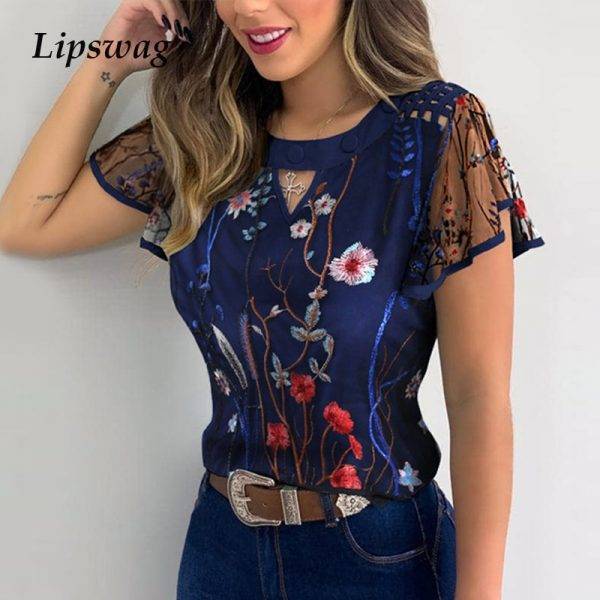 Summer Hollow Out Lace Casual blouse shirts Women Elegant Butterfly Daisy Print Ruffle Tops Short Sleeves O Neck Pullover Blusa Blouses & Shirts WOMEN'S FASHION