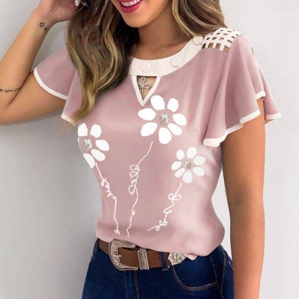 Summer Hollow Out Lace Casual blouse shirts Women Elegant Butterfly Daisy Print Ruffle Tops Short Sleeves O Neck Pullover Blusa Blouses & Shirts WOMEN'S FASHION