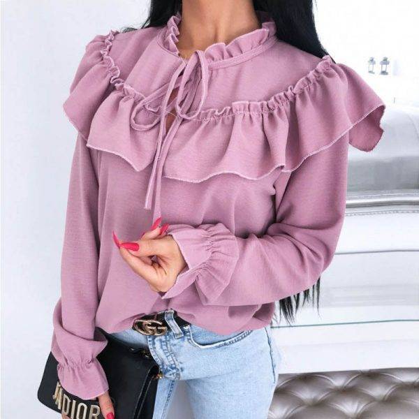 2020 Spring Lace Up Ruffle Chiffon Blouse Tops Womens Summer Blouse Lady Elegant solid Long Sleeve Shirts Casual Blusa Femininas Blouses & Shirts WOMEN'S FASHION