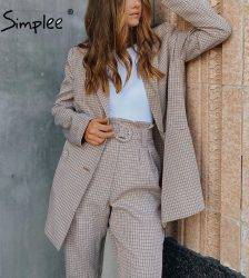 Simplee Fashion plaid women blazer suits Long sleeve Single-breasted belt blazer pants set Office ladies two-piece blazer sets Pant Suits WOMEN'S FASHION