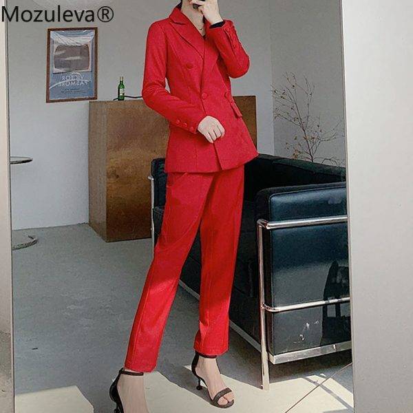 Mozuleva 2020 Notch Collar Double-breasted Women Slim OL Blazer&High Waist Pockets Straight Suit Pants Two Pieces Business Suit Pant Suits WOMEN'S FASHION