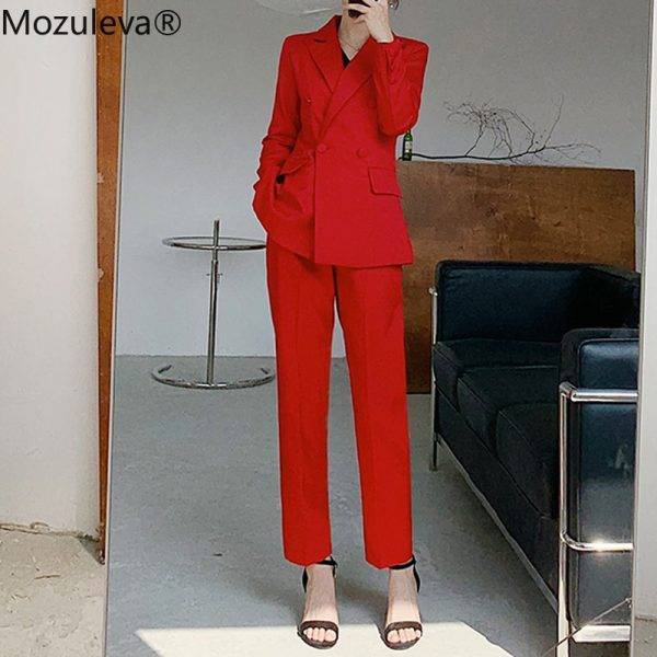Mozuleva 2020 Notch Collar Double-breasted Women Slim OL Blazer&High Waist Pockets Straight Suit Pants Two Pieces Business Suit Pant Suits WOMEN'S FASHION