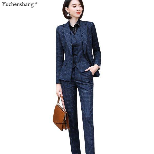 Gray Plaid Blazer Vest and Pant 3 Piece Women Pant Suit Uniform Designs S-5XL For Office Lady Business Career Work Wear Pant Suits WOMEN'S FASHION
