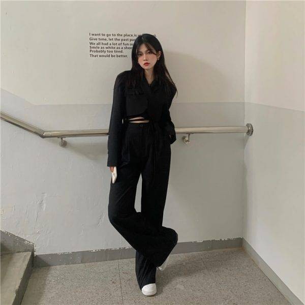 Design sense of navel long-sleeved small suit jacket, high waist drape, straight-leg casual mopping pants two-piece suit Pant Suits WOMEN'S FASHION
