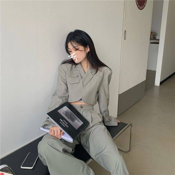 Design sense of navel long-sleeved small suit jacket, high waist drape, straight-leg casual mopping pants two-piece suit Pant Suits WOMEN'S FASHION