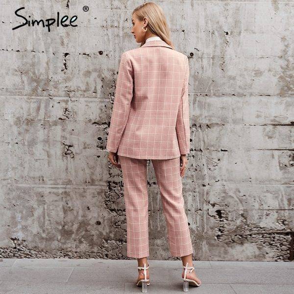 Simplee Fashion plaid women blazer suits Long sleeve double breasted blazer pants set Pink office ladies two-piece blazer sets Pant Suits WOMEN'S FASHION
