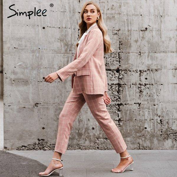 Simplee Fashion plaid women blazer suits Long sleeve double breasted blazer pants set Pink office ladies two-piece blazer sets Pant Suits WOMEN'S FASHION