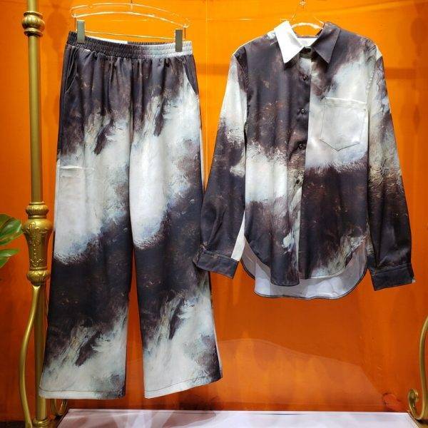 Design Non-Mainstream Metal Wind Lazy Drape Viscose Fiber Loose and Plus-sized Printed Shirt Wide Leg Pants, Two Piece Suit Pant Suits WOMEN'S FASHION