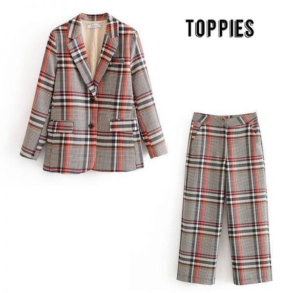 vintage plaid suit set womens blazer and pants formal work two piece set single breasted jacket Pant Suits WOMEN'S FASHION
