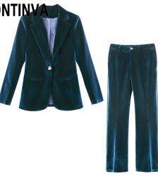 Office Ladies Two Piece Suits Velvet Blazer and Pants Women Winter Autumn Purple Dark Blue Jacket Coat with Pocket 4XL Plus Size Pant Suits WOMEN'S FASHION