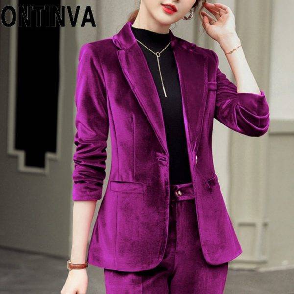Office Ladies Two Piece Suits Velvet Blazer and Pants Women Winter Autumn Purple Dark Blue Jacket Coat with Pocket 4XL Plus Size Pant Suits WOMEN'S FASHION