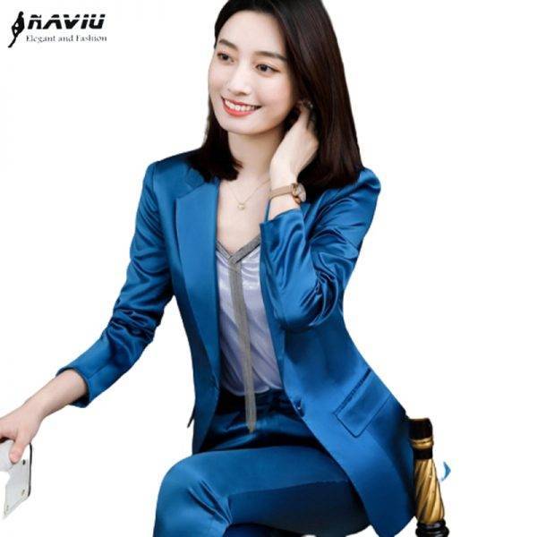 Blue Pants Suit Women 2020 New Top High Quality Satin Long Sleeve Blazer and Trousers Office Ladies Business Work Wear Pant Suits WOMEN'S FASHION