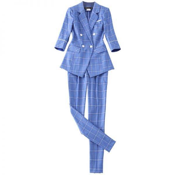 Naviu New Fashion Plaid Blazer Pants Suit Two Pieces Set Women Formal Work Clothes Office Lady Uniform Pant Suits WOMEN'S FASHION