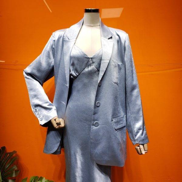 Acetate Mercerized Prints Texture Haze Blue Low Collar Dress Sling + Long Sleeve Suit Two-Piece Autumn Suit, Female Pant Suits WOMEN'S FASHION