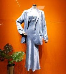 Acetate Mercerized Prints Texture Haze Blue Low Collar Dress Sling + Long Sleeve Suit Two-Piece Autumn Suit, Female Pant Suits WOMEN'S FASHION