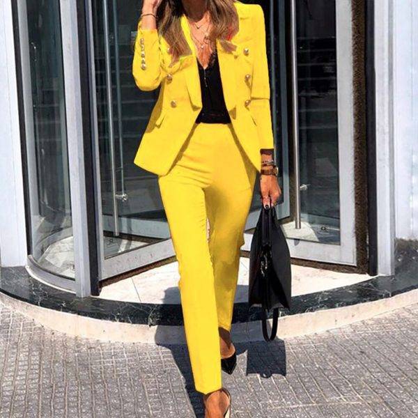 2pc Casual Women Suits Coat And Trouser Blazers Suit Female Single-breasted Long-sleeved Trousers Solid Color 2020 Spring Autumn Pant Suits WOMEN'S FASHION