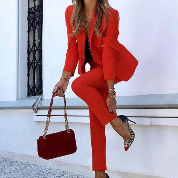 Red And Black Long Sleeve Casual Pencil Pants Suit Office Lady Two Piece Set Tracksuits Casual Outfits 2020 Autumn Women Set Pant Suits WOMEN'S FASHION