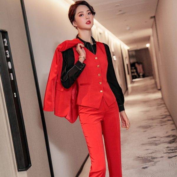Green Red Blue 3 Piece Set High Quality Women Formal Pant Suit Office Lady Uniform Design Business Jacket and Pant for Work Wear Pant Suits WOMEN'S FASHION
