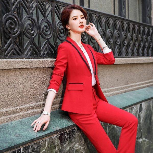 New Arrival Women Formal Pant Suit Gray Black Red White Solid One Button Work 2 Piece Set Office Blazer And Full Length Trousers Pant Suits WOMEN'S FASHION