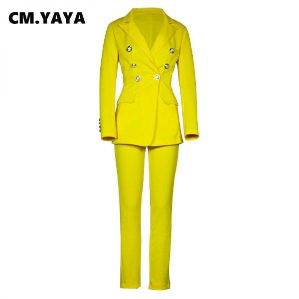CM.YAYA Autumn Winter Streetwear Women’s Set Long Sleeve Blazer Pants Suit Office Lady Tracksuit Two Piece Set Fitness Outfits Pant Suits WOMEN'S FASHION