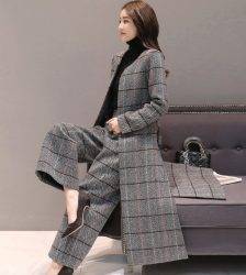 Knee Length Long Trench Coat and Wide Leg Trouser Autumn Winter Womens Casual Pantsuit Office Lady Plaid Two-piece Pants Suits Pant Suits WOMEN'S FASHION