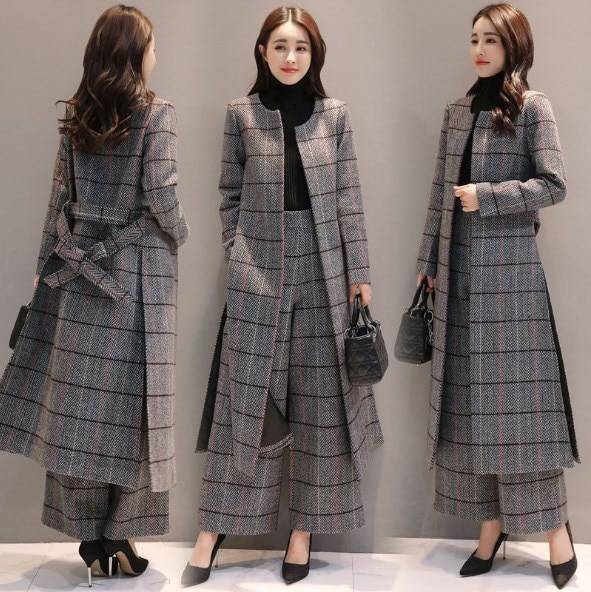 Knee Length Long Trench Coat and Wide Leg Trouser Autumn Winter Womens Casual Pantsuit Office Lady Plaid Two-piece Pants Suits Pant Suits WOMEN'S FASHION